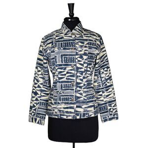Chico's Women's Jacket Beige Blue Abstract Navajo Tribal Geometric Pockets 0 S/4